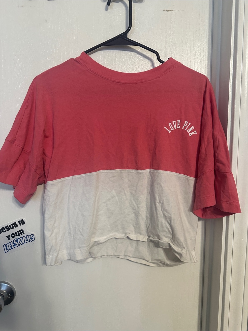 PINK Victoria's Secret Two-Tone Crop Tee in Coral Pink & White
